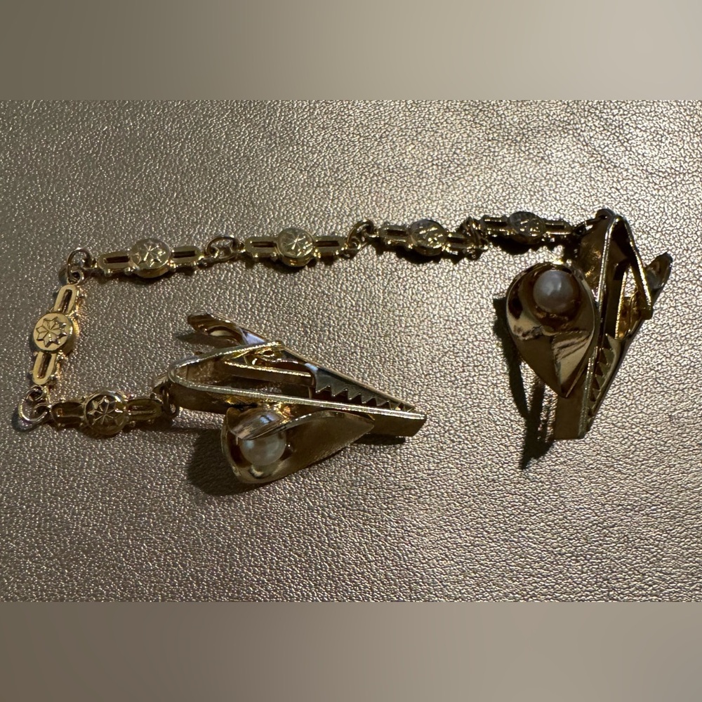 Vintage Musical Gold Tone Pearl Chain Sweater Guard Clips